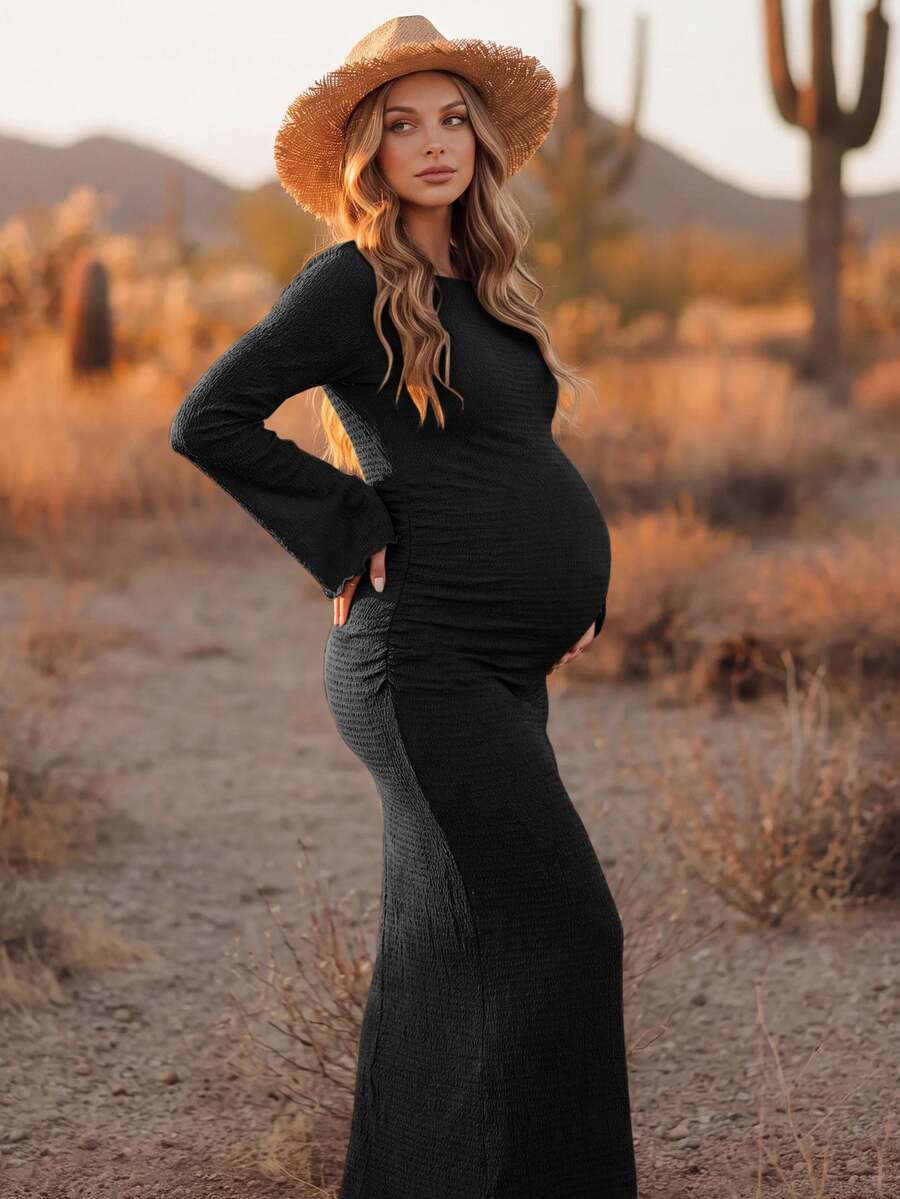 Boho Mama 孕婦純色休閒派對洋裝 - 黑色 - 查看 1