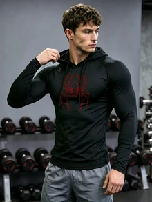 GymBeat بلوزة رياضية كاجوال مطبوعة بأكمام طويلة وغطاء رأس للرجال - الأسود - مشاهدة 3