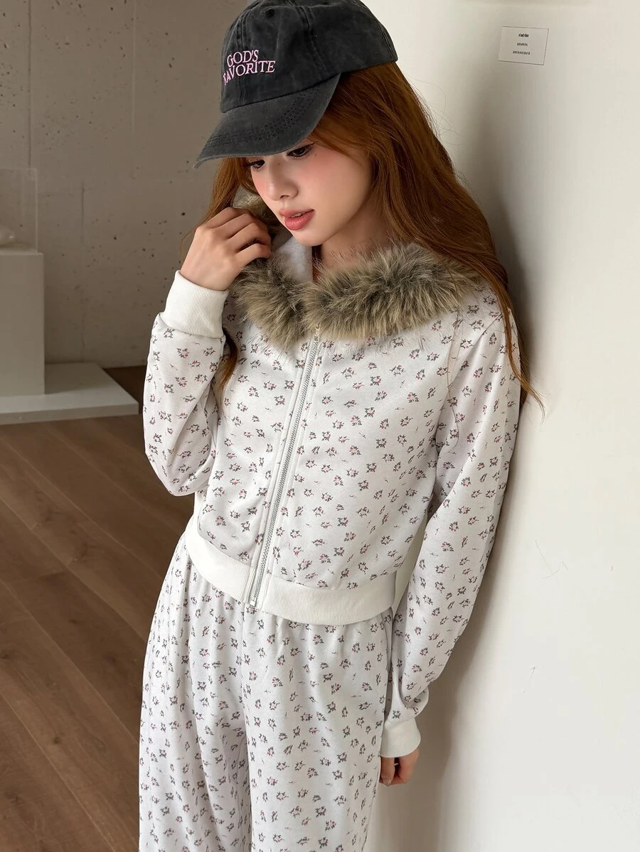 K-Vae Women's Korean Style Gentle Ditsy Floral Oversized Fur Collar Sweatshirt & Wide Leg Sweatpants Casual Versatile Set - Multicolor - View 1
