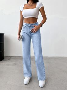 SHEIN بنطلون جينز مستقيم بخصر عالي وتأثير دافئ، أسلوب كاجوال، لون أزرق فاتح مع غسيل الثلج، مقاس عادي، بأزرار أمامية - أزرق فاتح - مشاهدة 3