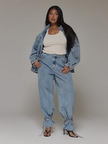 MUSERA Plus Size Blue Denim Lace Detail Jeans Spring Summer Casual Everyday Day Outfit Going Out - Blue - View 1