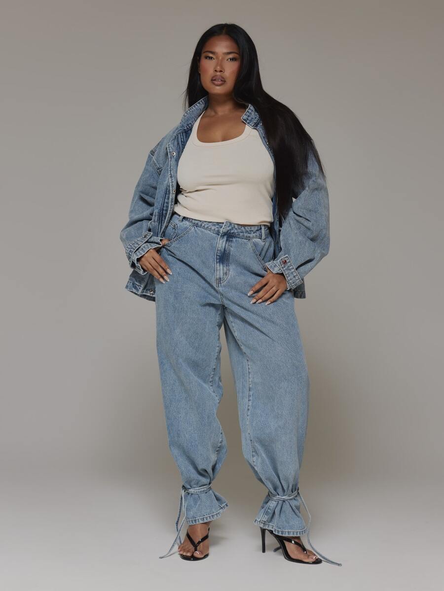 MUSERA Plus Size Blue Denim Lace Detail Jeans Spring Summer Casual Everyday Day Outfit Going Out - Blue - View 1