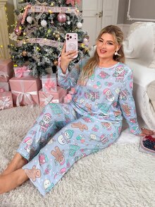 Slumberry CURVE Striped Bow Print Sweet Ins Knit Long Sleeve Plus Size Pajama Set - Purple - View 1