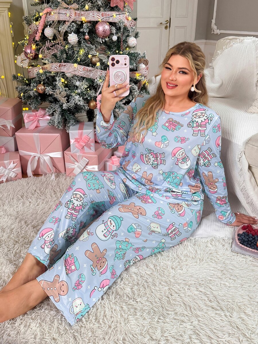 Slumberry CURVE Striped Bow Print Sweet Ins Knit Long Sleeve Plus Size Pajama Set - Purple - View 1