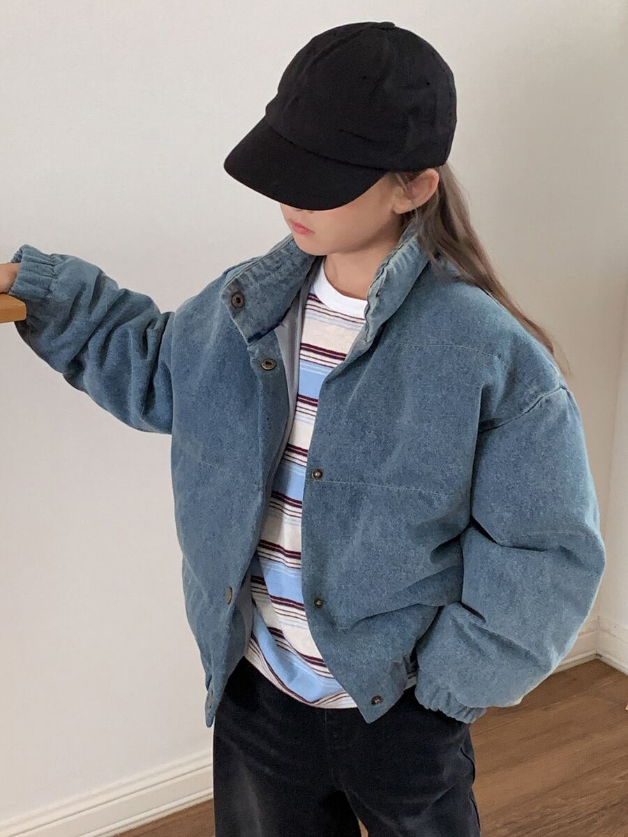 Dazy Kids Girls' Loose Fit Collared Long Sleeve Thick Denim Jacket Coat, Autumn/Winter, Cotton Padded, Size Large - Blue - View 1