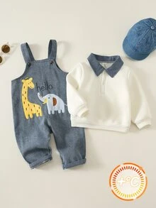 SHEIN 2pcs Baby Boy Autumn/Winter Casual Turn-Down Collar Sweatshirt And Cute Denim Overalls Set, Sweatshirt Set, Denim Set, Overalls Set, Cute Set, Infant Set - Multicolor - View 1