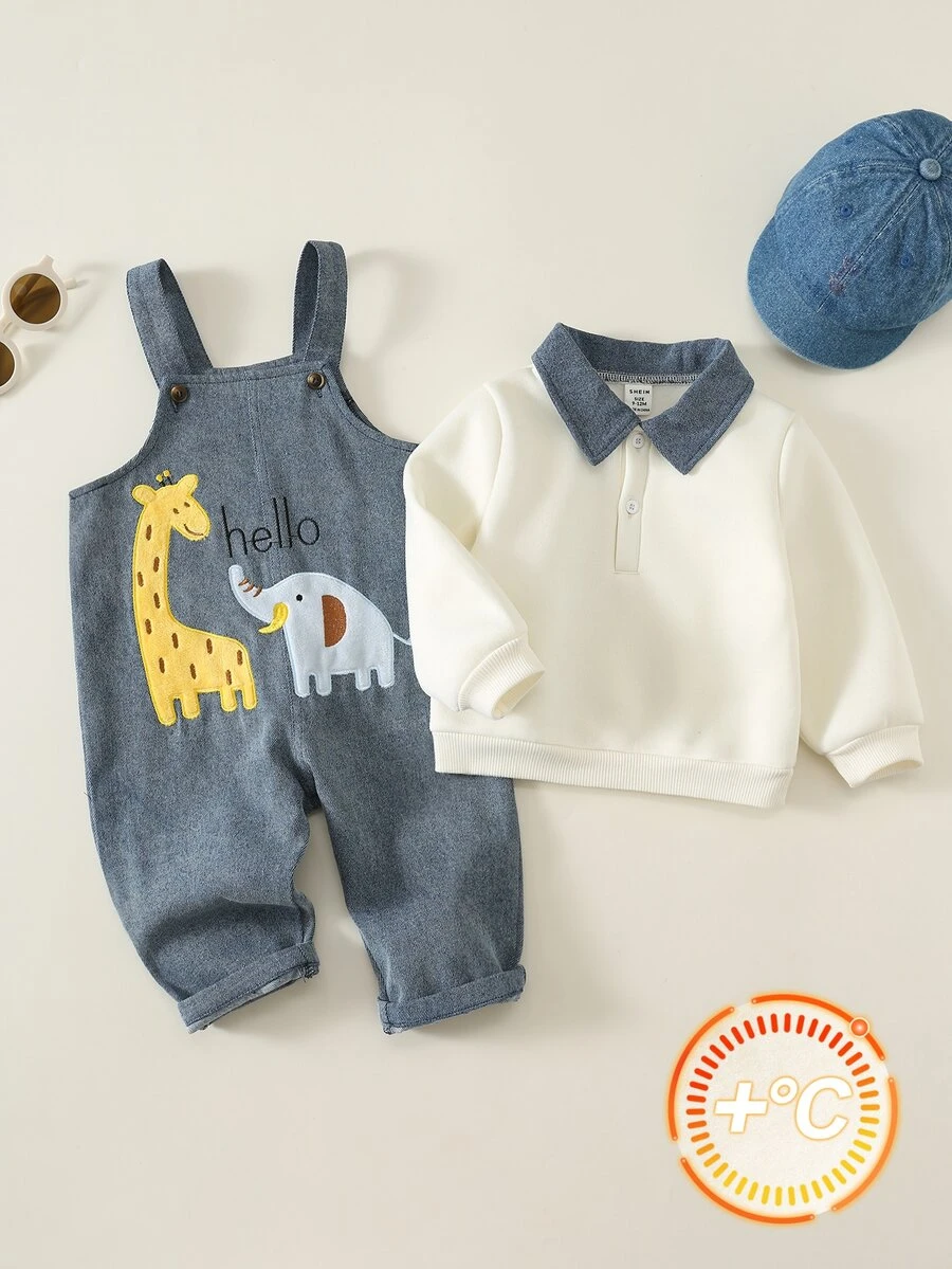 SHEIN 2pcs Baby Boy Autumn/Winter Casual Turn-Down Collar Sweatshirt And Cute Denim Overalls Set, Sweatshirt Set, Denim Set, Overalls Set, Cute Set, Infant Set - Multicolor - View 1