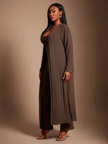 SHEIN SXY طقم 3 قطع للنساء مقاس كبير: توب بدون أكمام محبوك مضلع عالي المرونة، بنطال طويل، وجاكيت - شوكولاته بني - مشاهدة 8