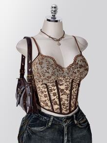 SHEIN ICON Women's Plus Size Lace Camisole Tank Top - Brown - View 9