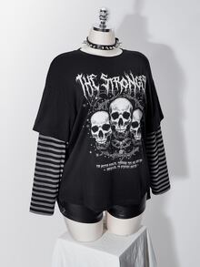 SHEIN ICON Women Plus Size Letter Skull Print Patchwork Striped 2 In 1 T-Shirt - Black - View 9