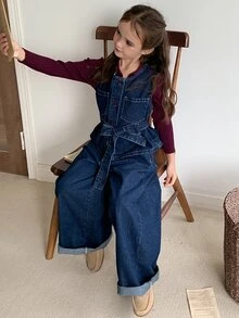 Dazy Kids Tween Girl) Round Neck Casual Denim Shirt Top + Straight Leg Pants Two Pieces Denim Set - Dark Wash - View 8