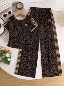 SHEIN EZwear 2pcs/Set Embroidered Round Neck Short Sleeve Top And Striped Print Pants, Casual - Multicolor - View 6