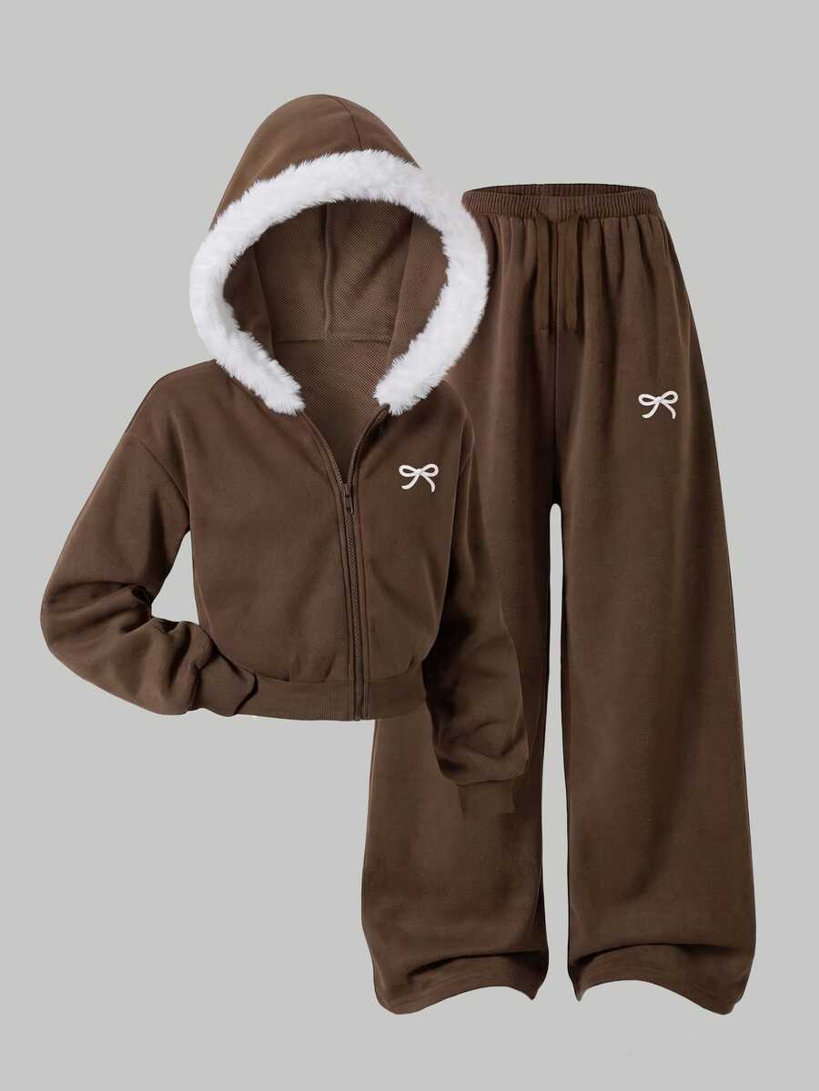 SHEIN Casuvi Kids 女童 2 件組秋冬外套套裝，毛茸茸毛領連帽拉鍊短版修身夾克，附蝴蝶結刺繡，搭配蝴蝶結刺繡寬腿長褲，美觀優雅街頭運動風穿搭 - 彩色 - 查看 1
