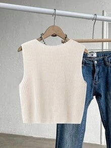 Franclia Plus Size Women Solid Color Casual Daily Wear Knit Vest - Apricot - View 2
