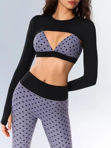VARSIVA Bộ đồ thể thao nữ gồm áo croptop tay dài màu trơn, áo ngực in họa tiết chấm bi và quần legging - Nhiều màu - Xem 5