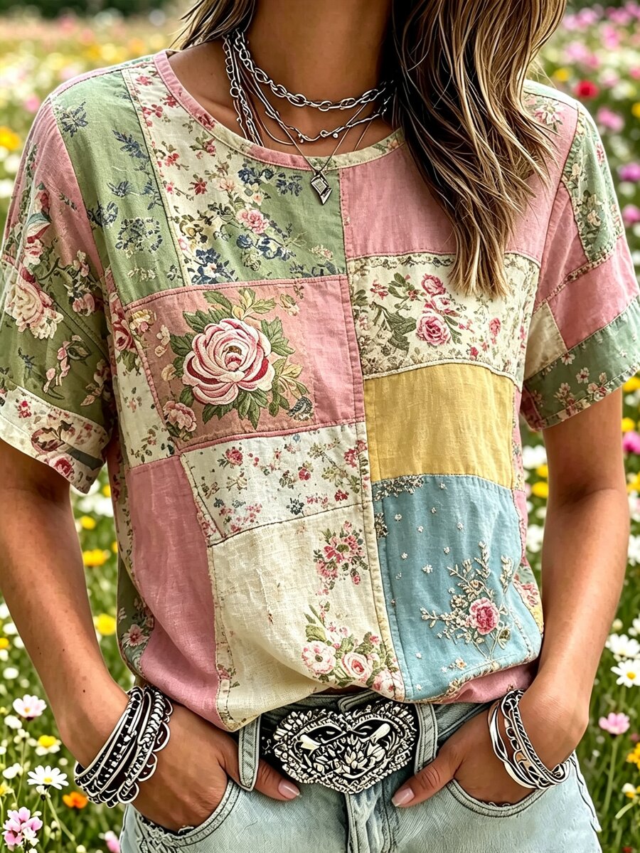 Breezaya 女款波西米亞風花卉拼接圖案短袖圓領T恤，休閒夏季上衣 - 彩色 - 查看 1