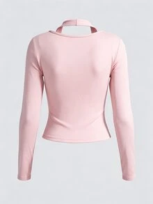 Sweetra Women's Fashion Elegant Elegant Comfortable Long Sleeve Fitted 2 In 1 Design Mesh T-Shirt Top - Baby Pink - View 3