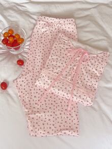 DAZY Ditsy Floral Print Knot Front PJ Set - Pink - View 8