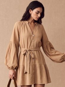 CielaLinda Gaun Mini Kemeja Wanita Warna Aprikot dengan Kancing Depan, Detail Kerut dan Lengan Puff - Khaki - View 3