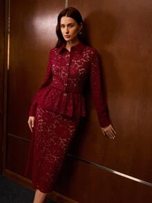 MOTF PREMIUM WOMEN'S ELEGANT BEADED HOLLOW EMBROIDERY WAIST BELT BUTTON RUFFLE LONG SLEEVE BLOUSE & SLIT BODYCON SKIRT TWO PIECES SET - Red - View 5