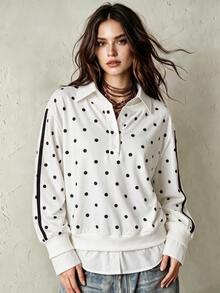 INAWLY Women's Polka Dot Colorblock Casual Daily Long Sleeve Sweatshirt - White - View 6
