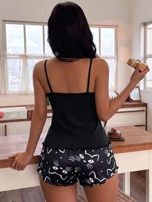 Dream Adore Cartoon Print Camisole & Shorts Pajama Set For Women - Multicolor - View 2