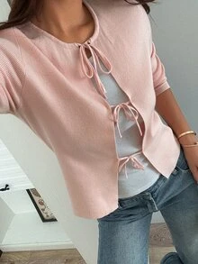 Strévra Women's Solid Color Casual Versatile Daily Wear Cardigan - Pink - View 6