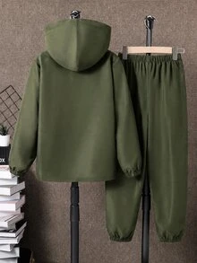 SHEIN 青少年男孩半拉鍊連帽夾克與慢跑褲2件套，休閒運動風，適合秋冬、通勤、上學、日常穿著、度假、旅行、運動，四季皆宜，抓絨加厚 - 軍綠色 - 查看 2