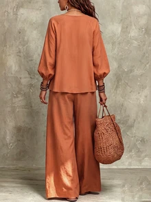 Holdful Holdful Fall Clothes FOR WomenWomen's Woven Casual Fall Top And Pants Set - Orange - View 2