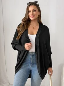 Shapeblank Women's Plus-Size Black Long-Sleeve Cardigan – Stylish, Casual, Stretchy, And Comfortable (Fall/Winter),Fall Outfits,Coats,Simple Style,Going Out Tops - Black - View 5