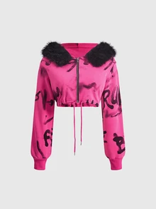 ROMWE Street Life Sweatshirt Crop Top Warna Pink Mawar Gaya Jalanan Hot Girl dengan Cetakan Grafiti Huruf, Kerah Fleece, Panjang Pendek, Set 2 Potong untuk Wanita - Berwarna merah muda - View 7