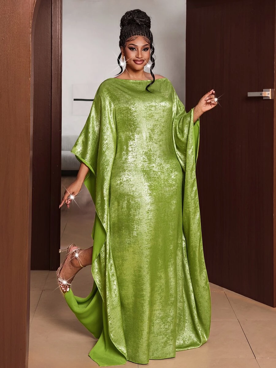 Maweii European Style Off-Shoulder Batwing Sleeve Metallic Luster Crinkled Satin Loose Long Dress Evening Gown - Green - View 1