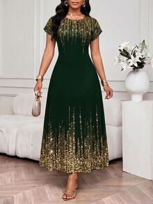 SHEIN Lady Plus Size Women's Dark Green Foil Casual Elegant Party Formal Dinner Dress Wedding Summer - 墨綠色 - 查看 5