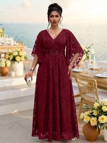 Fleurora Plus Size V-Neck Short Sleeve A-Line High Waist Dress - Burgundy - View 6