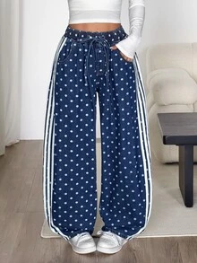 Muchica 女款休閒寬鬆弧形腿條紋牛仔褲，秋冬女裝，運動休閒百搭時尚牛仔褲，派對，秋季穿搭 - 藍色 - 查看 6