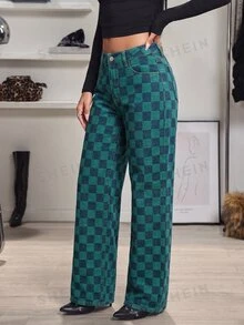 SHEIN Tall 女款迷彩水洗格紋直筒牛仔褲 - 彩色 - 查看 3