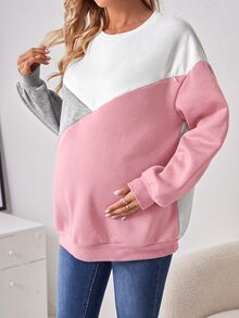 SHEIN Maternity Minimalist Versatile Colorblock Long Sleeve Sweatshirt For Daily Wear - Pink - View 6