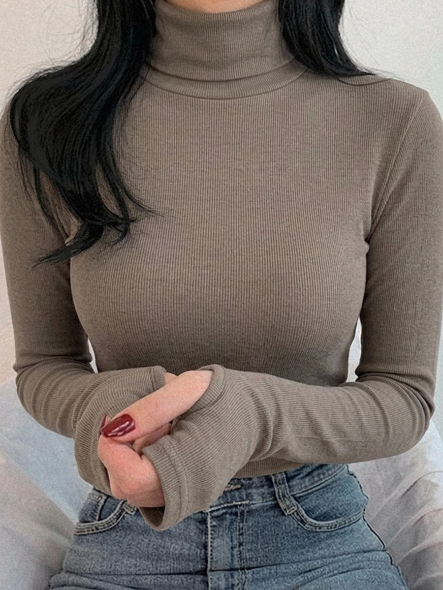 DAZY 女款純色高領長袖修身內搭T恤 - 灰色 - 查看 1