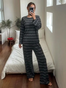 DAZY Women's Striped Crew Neck Drop Shoulder Long Sleeve Top And Pants Pajama Set - Grey - View 6