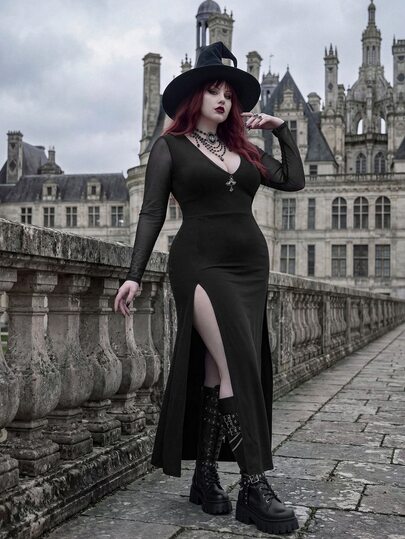 Whyspr Vestido de punto gótico oscuro con cuello en V, malla, manga larga, sexy y abertura alta