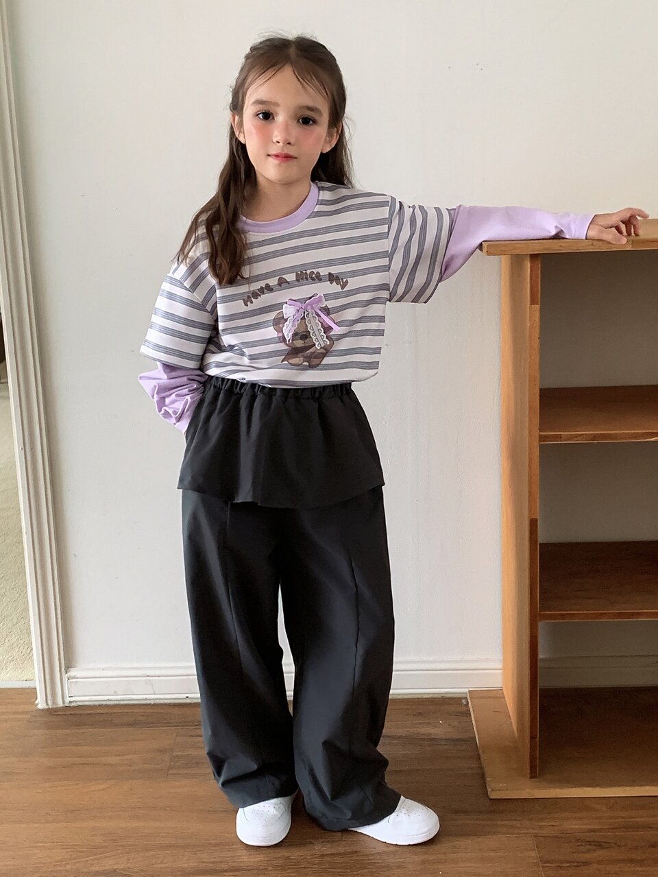 Tween Girls Striped Loose Colorblock 2 In 1 Casual Sweatshirt Top + 2 In 1 Long Pants Design Sweatshirt Set