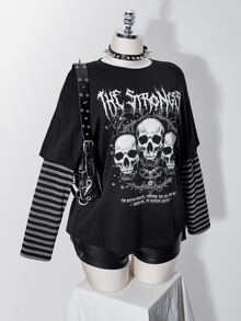 SHEIN ICON Women Plus Size Letter Skull Print Patchwork Striped 2 In 1 T-Shirt - Black - View 8