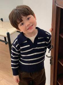 Hapijoa 幼兒男孩秋冬拼色二合一長袖針織衫 - 藏蓝色 - 查看 2
