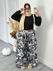 SHEIN CURVE+ Plus Size Women's Spring And Summer Basic Striped Tree Branch Pattern Wide Leg Sports Pants - Grey - View 6