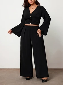 Truni Plus-Size Women's Elegant V-Neck Fitted Top And Trousers SetPear Body,Triangle Body - Black - View 4