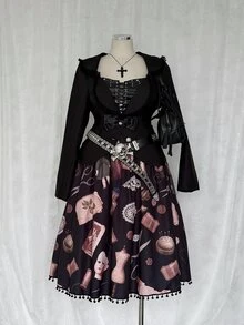 Sunspun Plus Size Fashion Dark Doll Print Tassel Decor Skirt Fall - Black - View 4