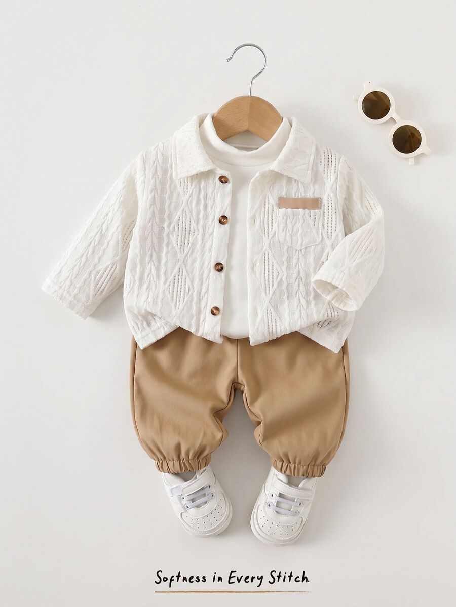 Cozy Pixies Setelan 2 Potong untuk Bayi Laki-laki: Atasan Lengan Panjang Berkerah Kotak-kotak Warna-warni dengan Kantong Kontras dan Celana Panjang Pinggang Elastis Warna Polos - MultiWarna - View 1