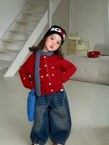 DAZY Infant/Toddler (Girl) Heart Pattern Long Sleeve Cardigan, Korean Style, Autumn/Winter - Red - View 8