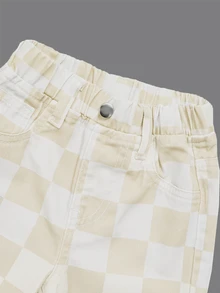 Elladie kids Denimly 嬰兒與幼兒休閒戶外學院風時尚百搭牛仔長褲，彈性腰帶、格紋圖案、水洗牛仔，秋冬款 - 杏色 - 查看 3