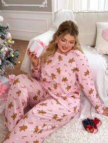 Slumberry CURVE طقم بيجامة نسائي مقاس كبير بطبعة رجل الزنجبيل وحلوى عيد الميلاد، محبوك بياقة دائرية وأكمام طويلة وبنطال - متعدد الألوان - مشاهدة 1